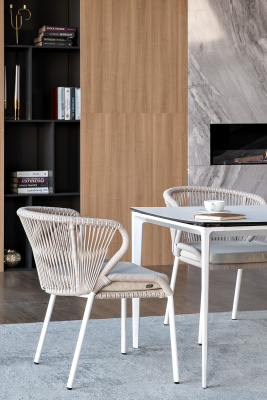 "Малага" обеденная группа на 4 персоны со стульями "Милан", каркас белый, роуп бежевый